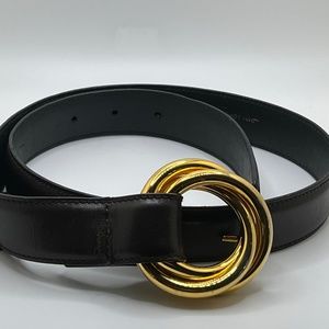 Authentic Ferragamo Vintage Black Calfskin Belt (Signed) with Gold Loop Buckle